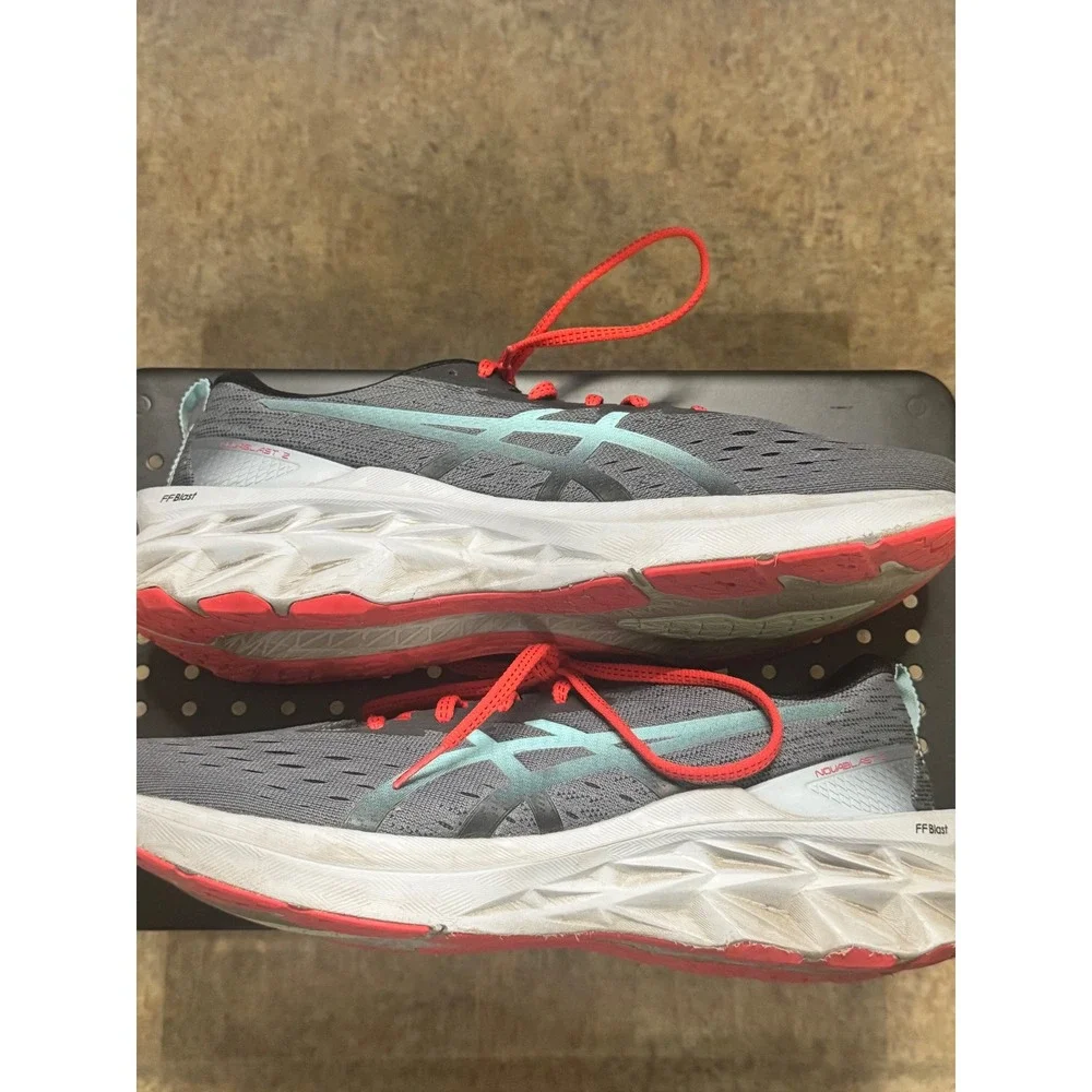 ASICS Novablast 2 Mens 12 Gray Blue Red Good Running Shoes 1011B192 Cushioned
